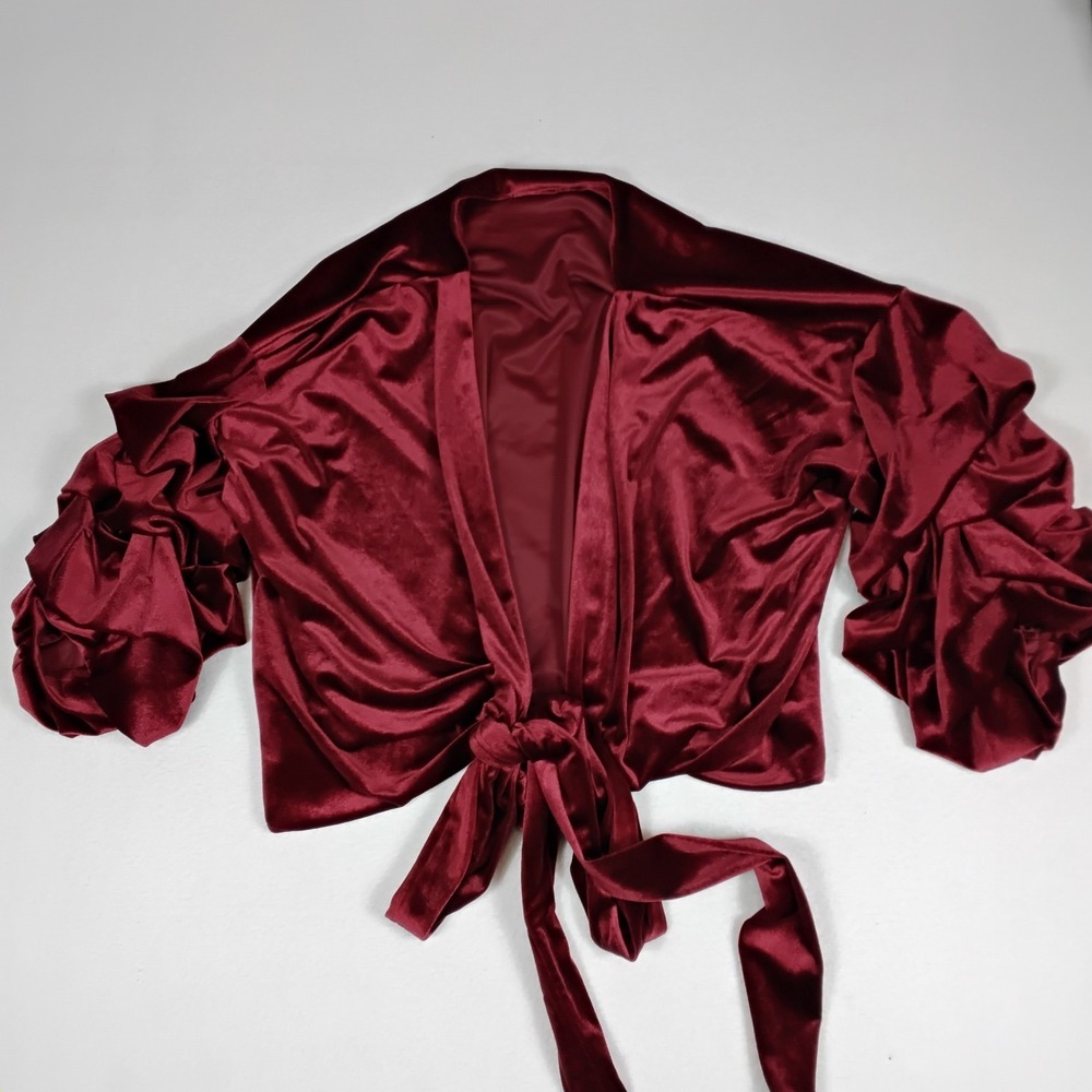 IR Womens Burgundy Velvet Tie Front Top Ruffle Sleeve Cropped Holiday Blouse L T
